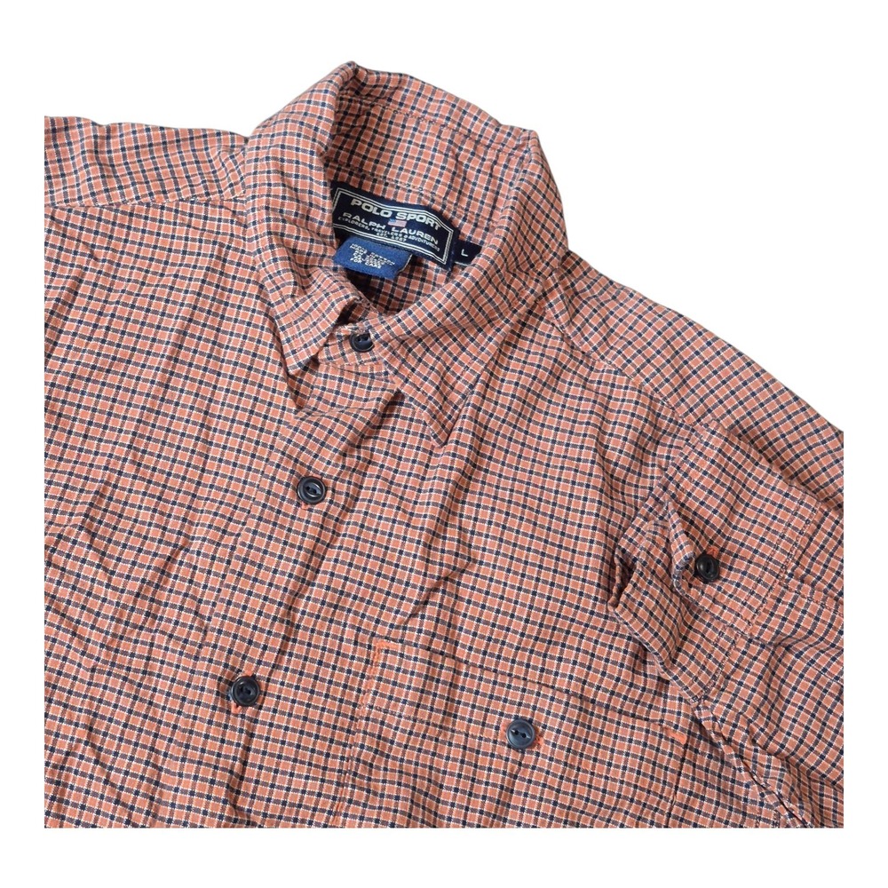 VTG Polo Sport Ralph Lauren Orange Blue Check Long Sleeve Button Up Men's L